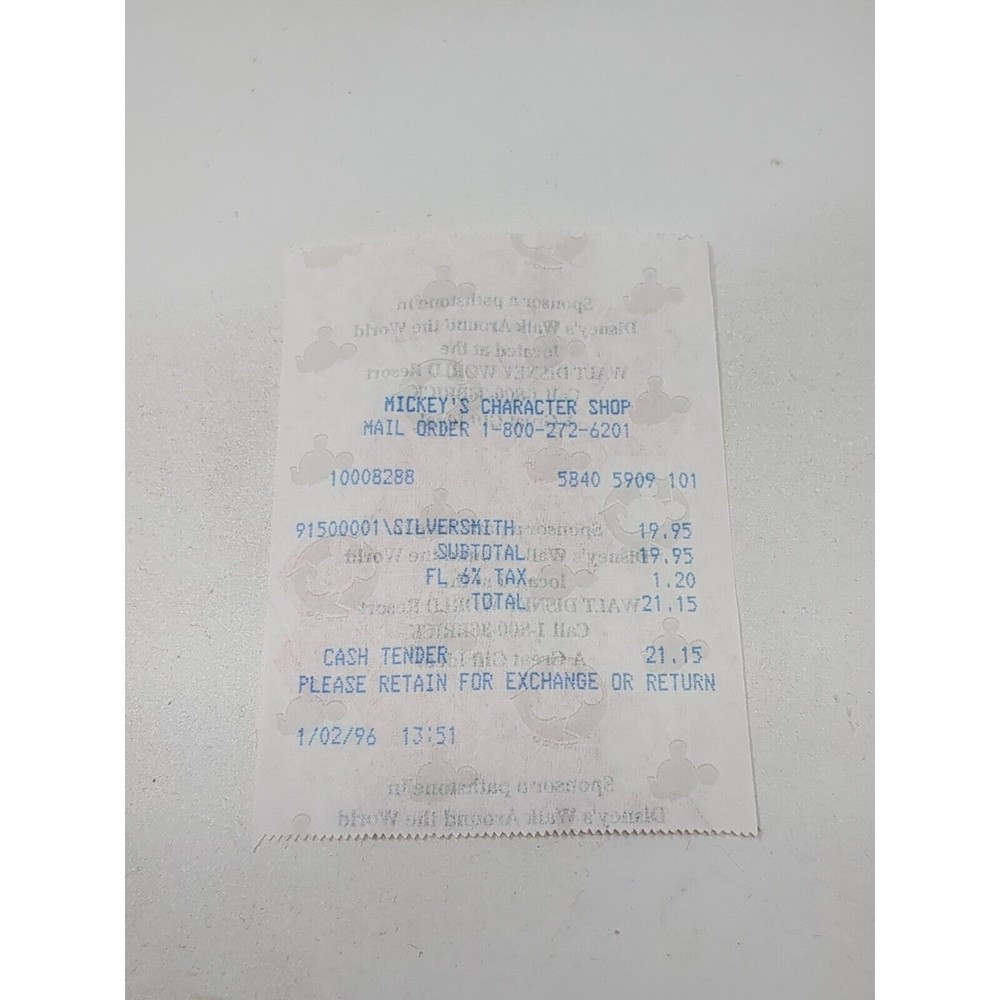 Walt‎ Disney World Mickey's Character Shop Store Receipt Vintage 90s Silversmith